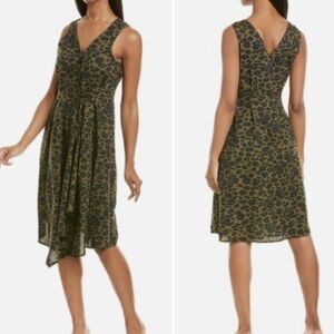 Beach Lunch Lounge Green/Black Leopard‎ Print  V-Neck Faux Wrap Midi Dress Sz Lg